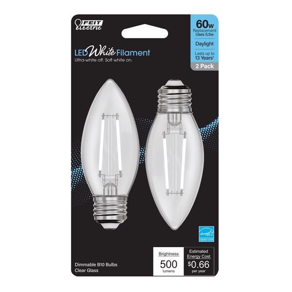 Feit Electric Feit White B10 E26 (Medium) Filament LED Bulb Daylight 60 Watt Equivalence 2 pk BPETC60950WFIL2 - main